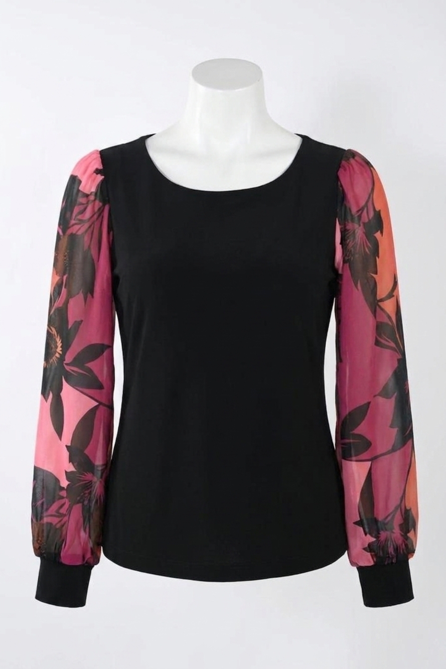 NEW FRANK LYMAN mckenna floral sleeve top in magenta/ black